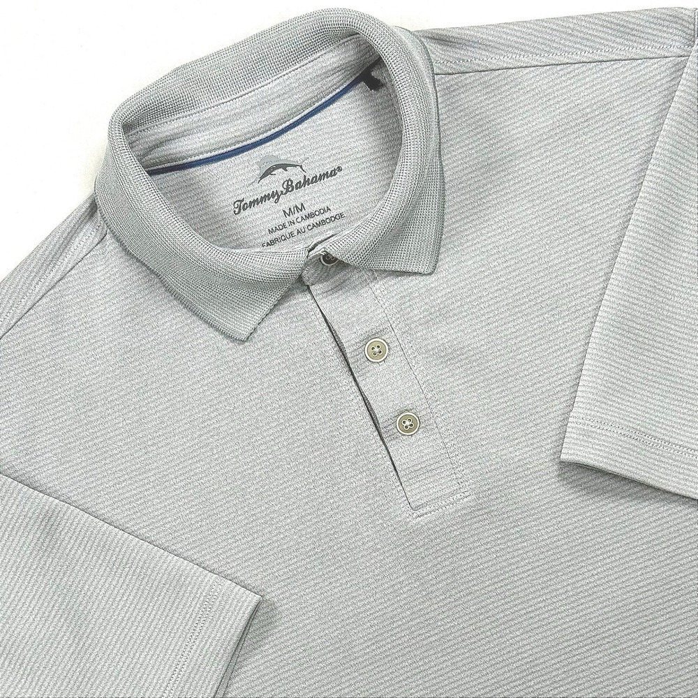 Tommy Bahama Polo Shirt Men's Medium Gray Striped Modal Blend Short Sleeve